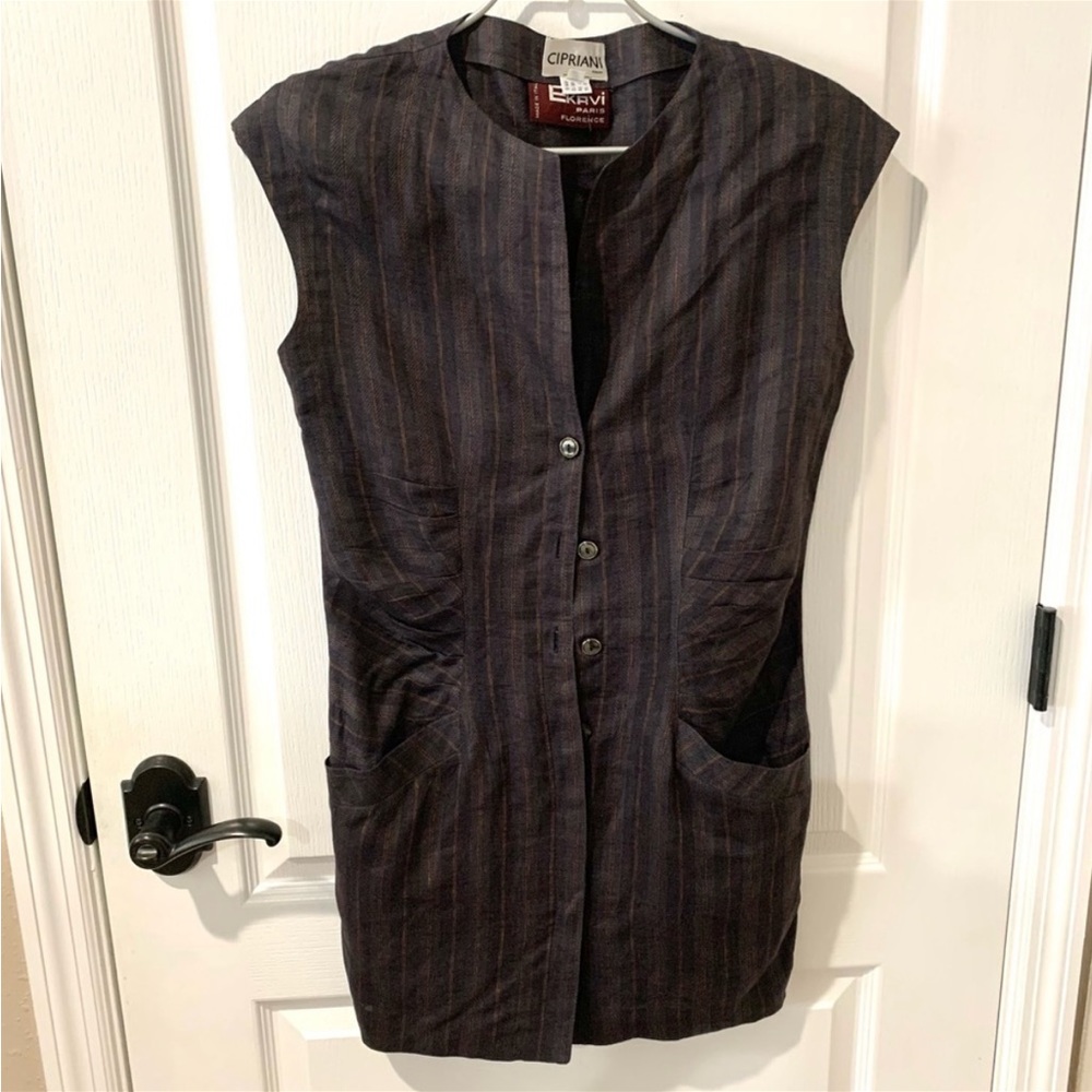 Cipriani Vintage Ekavi Blue Brown Gold Button Down Sheath Shirt Dress